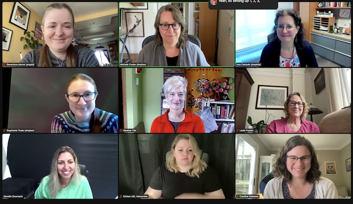 screen shot of zoom with nine female presenting people of various ages.