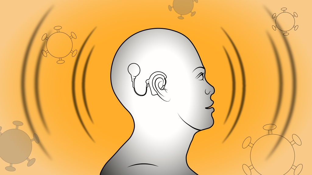 A line-drawn profile of the head of a person with a cochlear implant, on a yellow background with line-drawn covid particles and sound waves emanating form the person's head.